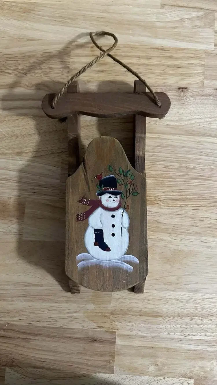 Vintage Painted Snowman Sleigh Christmas Decor Holiday Decoration Hanging Sign
